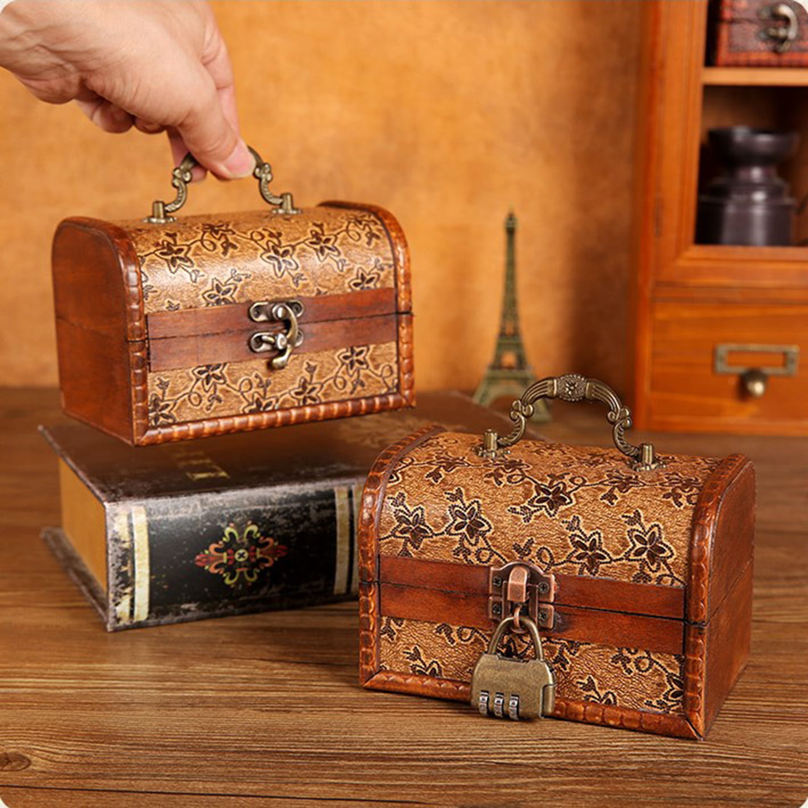 Wanwan Jewelry Organizer Box Vintage High Capacity Antique Wooden Mini  Treasure Chest Storage Box for Home