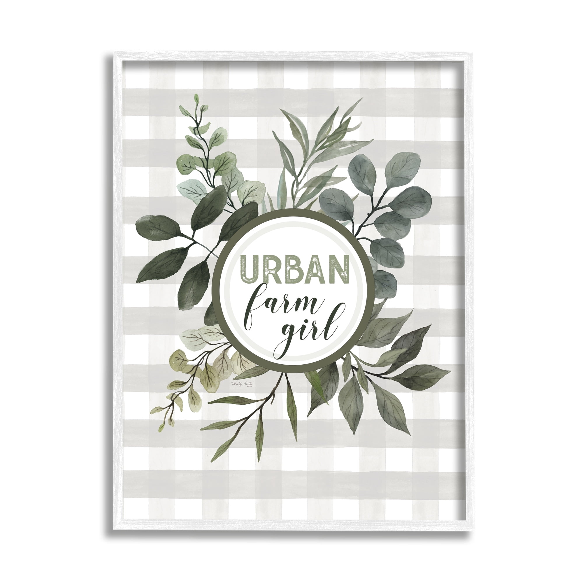Stupell Industries Urban Farm Girl Phrase Botanical Branches Soft Plaid Graphic Art White Framed Art Print Wall Art, 16x20, by Cindy Jacobs
