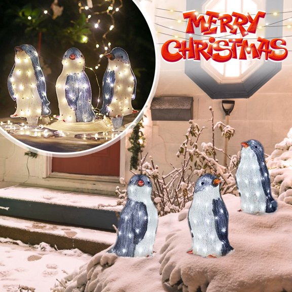 ERTZAE 3Pc Lighted Penguin Christmas Decor,Pre-Lit Festive Penguin,Indoor Outdoor Holiday Display,Led Lighted Xmas Ornament,Garden Yard Lawn Decor,Holiday Light-Up Penguin,Festive Patio Decoration