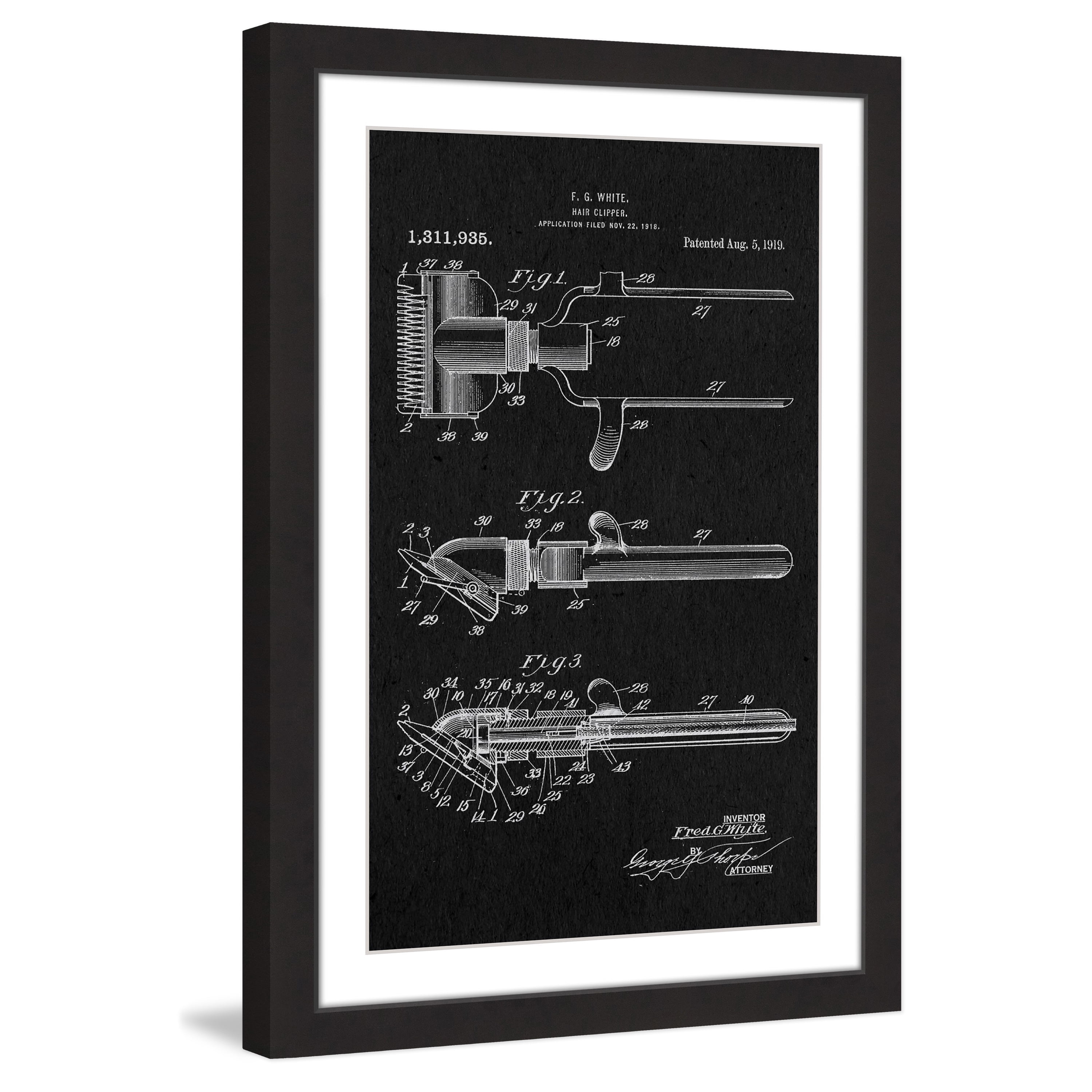 "Hair Clipper 1919 Black Paper" Framed Painting Art Print, 24" x 1.5"