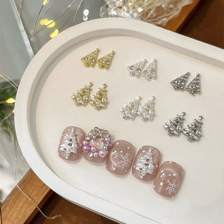 12PCS Christmas Tree Alloy Nail Charms Set Gold Silver White Pearl Zircon Decorations for Nail Art DIY Crafts