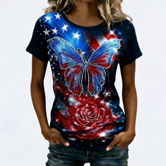 LINGLANG Women's July 4th Glittery Graphic T-Shirt Independence Day Sparkle Patriotic Top USA Flag Fashion Short Sleeve Tee for Ladies Summer Holiday Wear