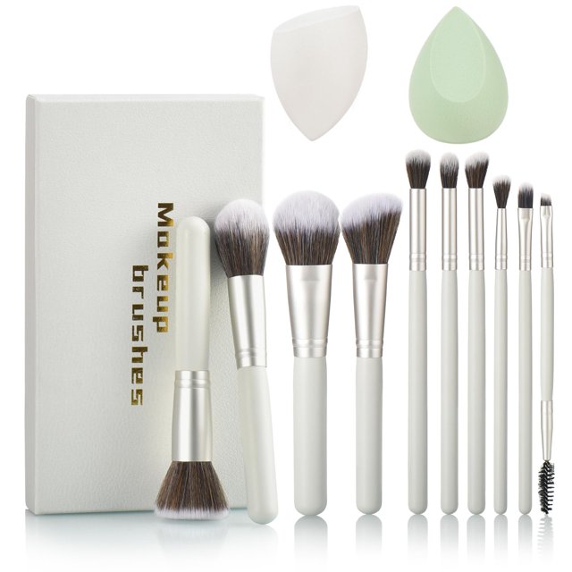Juego de brochas de maquillaje YJ-anyue, 12 piezas, gris y verde con esponjas