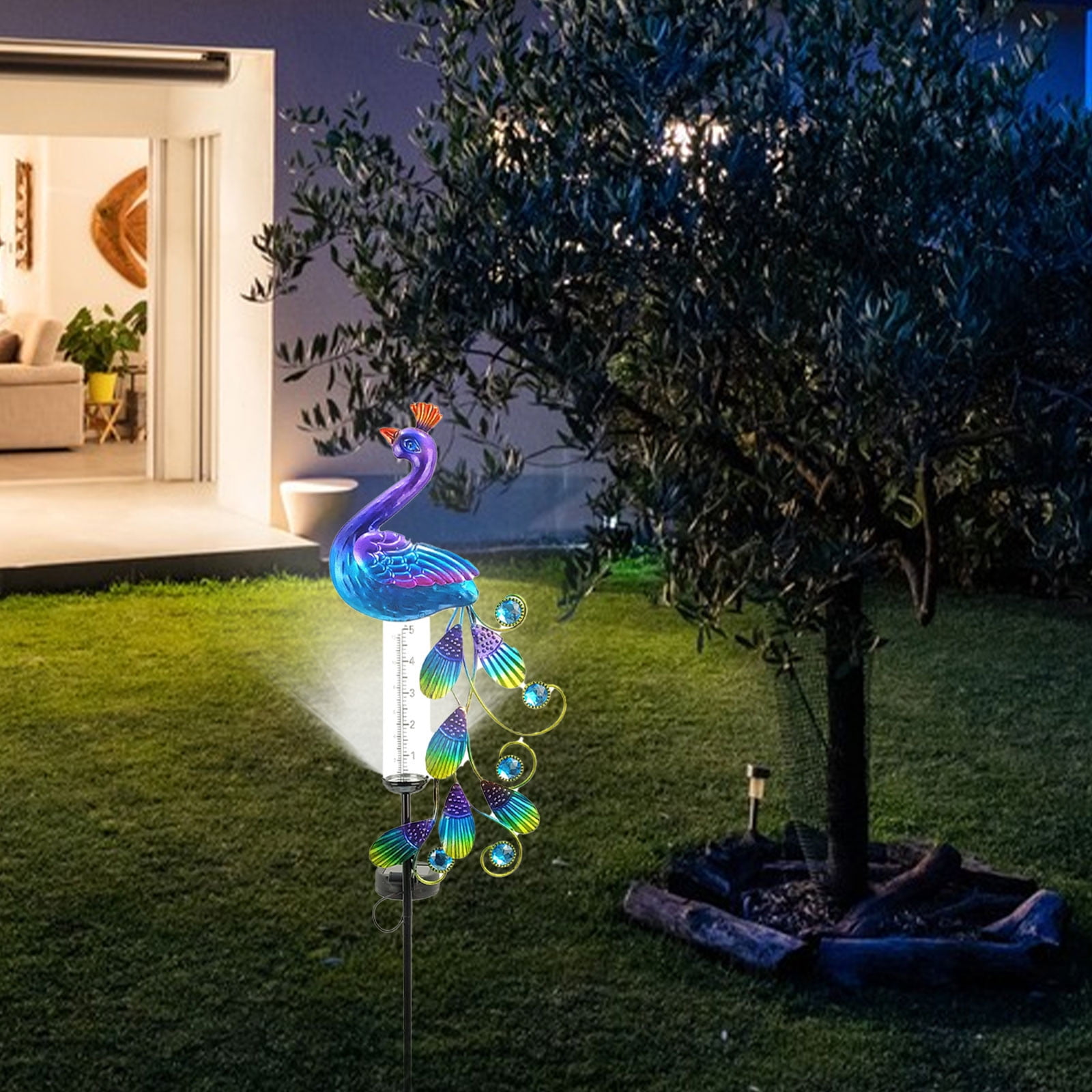 Kmdttou Outdoor Solar Lights 35.1 Inch Rain Gauge, Solar Lighted Garden Stake Decorations With 16 LED Warm Lights, Metal Yard Art Outdoor Meadow Patio Decor