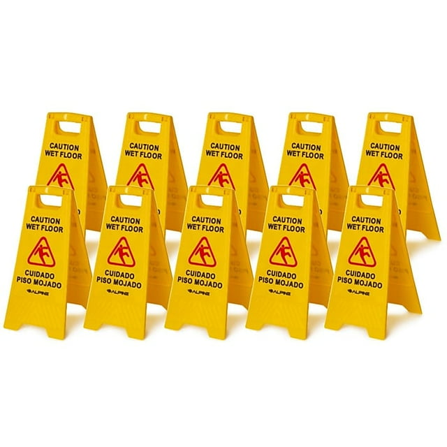 Alpine Industries 24 in. Yellow Multi-Lingual Caution Wet Floor Sign 10 Pack