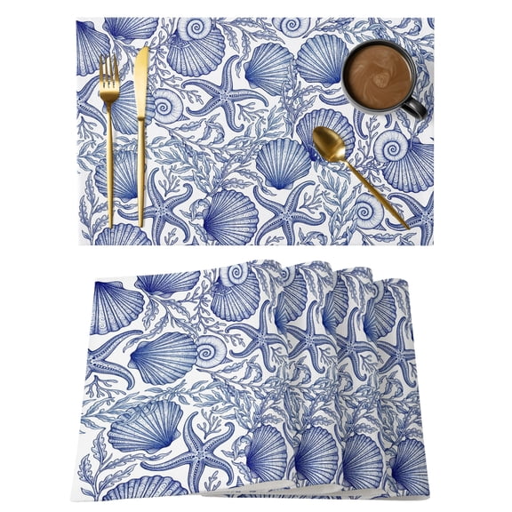 Vintage Blue Ocean Placemats Set of 12, Summer Country Nautical Sea Shell Starfish Coral Non-Slip Place Mats Washable Table Mats for Kitchen Dining Table Decorations Indoor/Outdoor