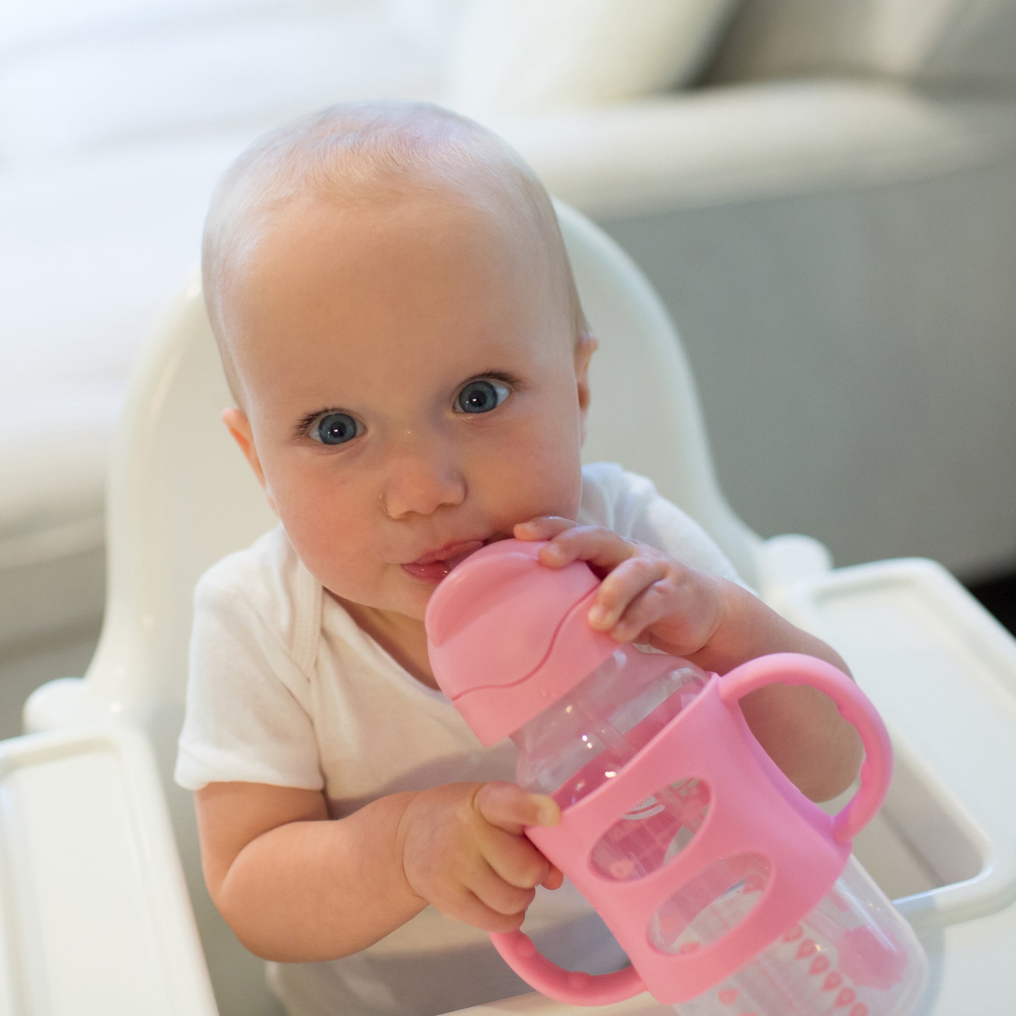 Dr. Brown's Wide-Neck Sippy Straw Bottles with Silicone Handles, Gray and Pink, 9oz/270ml, 2-Pack