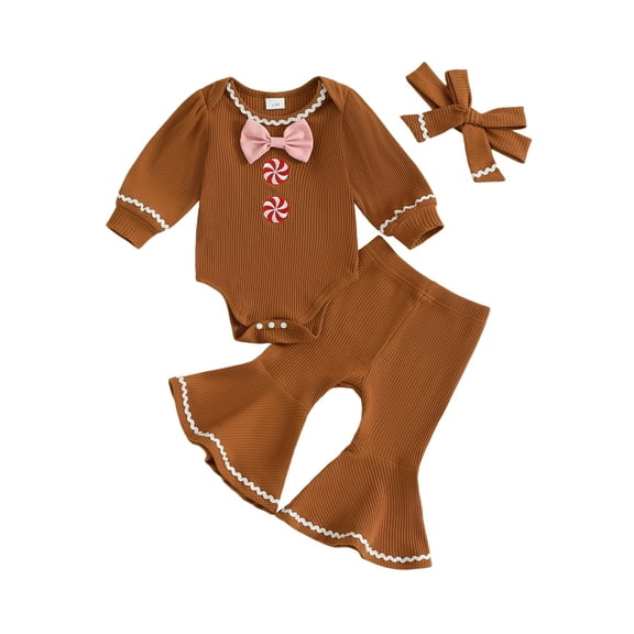 Qmyliery Baby Girl Christmas Outfits Gingerbread Man Long Sleeve Romper with Flare Pants and Headband 3 Pcs Set