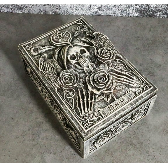 Santa Muerte Day Of The Dead Skull Pentagram Roses Tarot Cards Trinket Box
