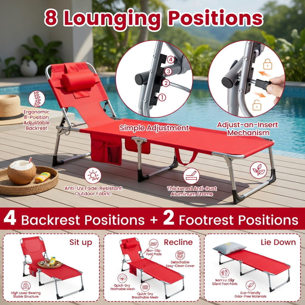 Hommoo Foldable Tanning Chair with Face & Arm Holes, Lightweight Portable Sun Lounger for Beach, Pool, Patio, Red