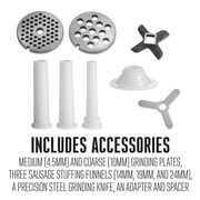 Weston #10 Manual Tinned Meat Grinder and Sausage Stuffer, 4.5mm & 10mm plates, and 3 sausage funnels, Silver