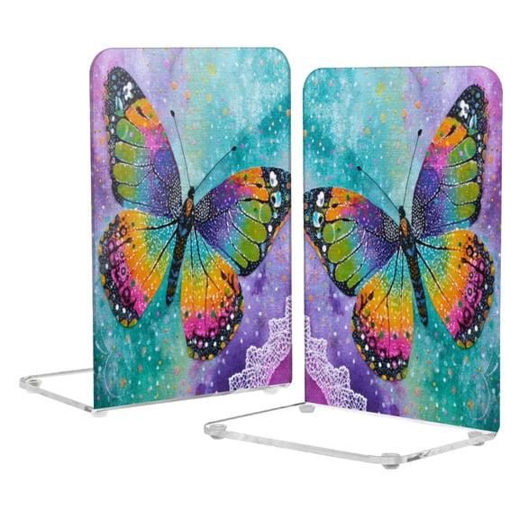 Wobogo Monarch Butterfly Acrylic Bookends Clear L-Shaped Book Holder with Non-Slip Pads for Books Files Magazines CD DVD 5.4×4.1×8.1in