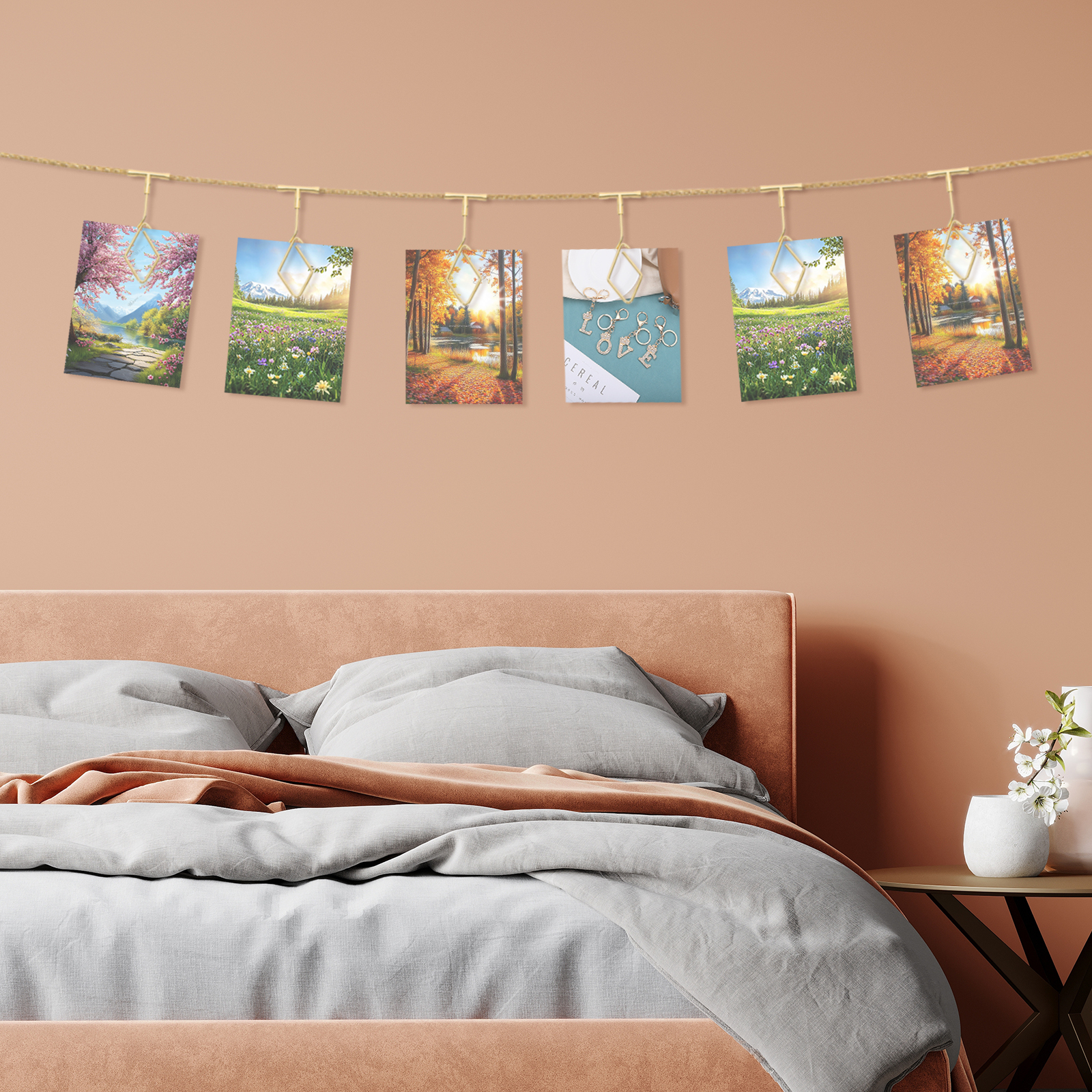 Unique Bargains Steel Wall Hanging Photo Display with Rhombus Clips Photos Gold