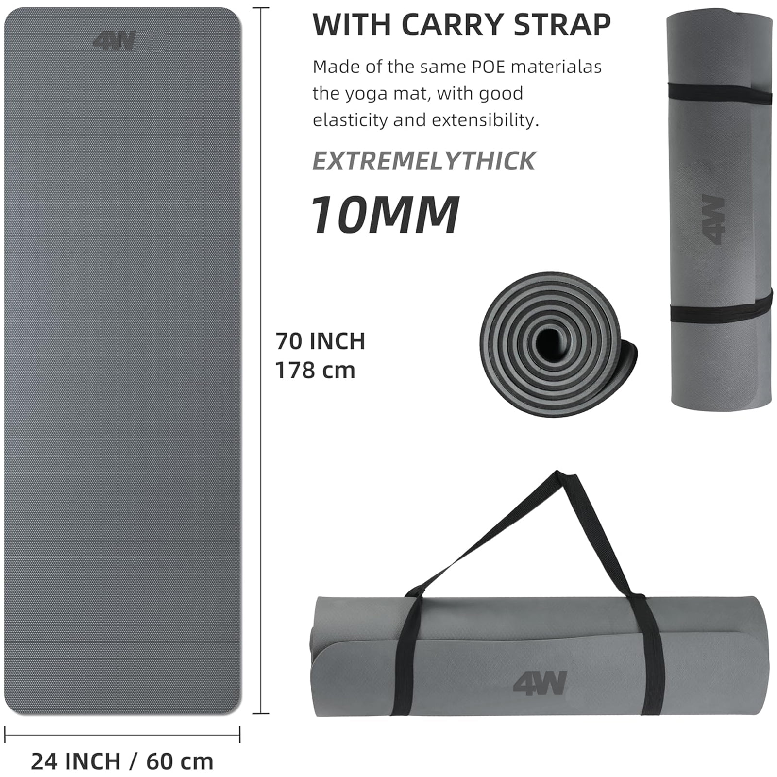 4W 10mm Thick Yoga Mat- TPE Non-Slip Exercise Mats with Strap for Home Workout/Pilates for Women Men 72"×26"(Grey +Black)