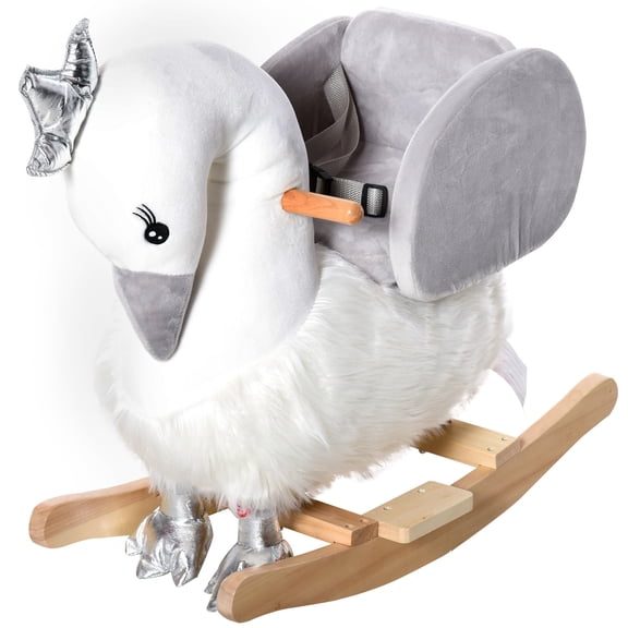 Kids Bikes Qaba Rocking Horse, Kids Ride on Horse Swan Rocker with Sound, Plush Seat, Wooden Base, Safety Belt, for Toddlers 18-36 months, White,Kids Riding Toys