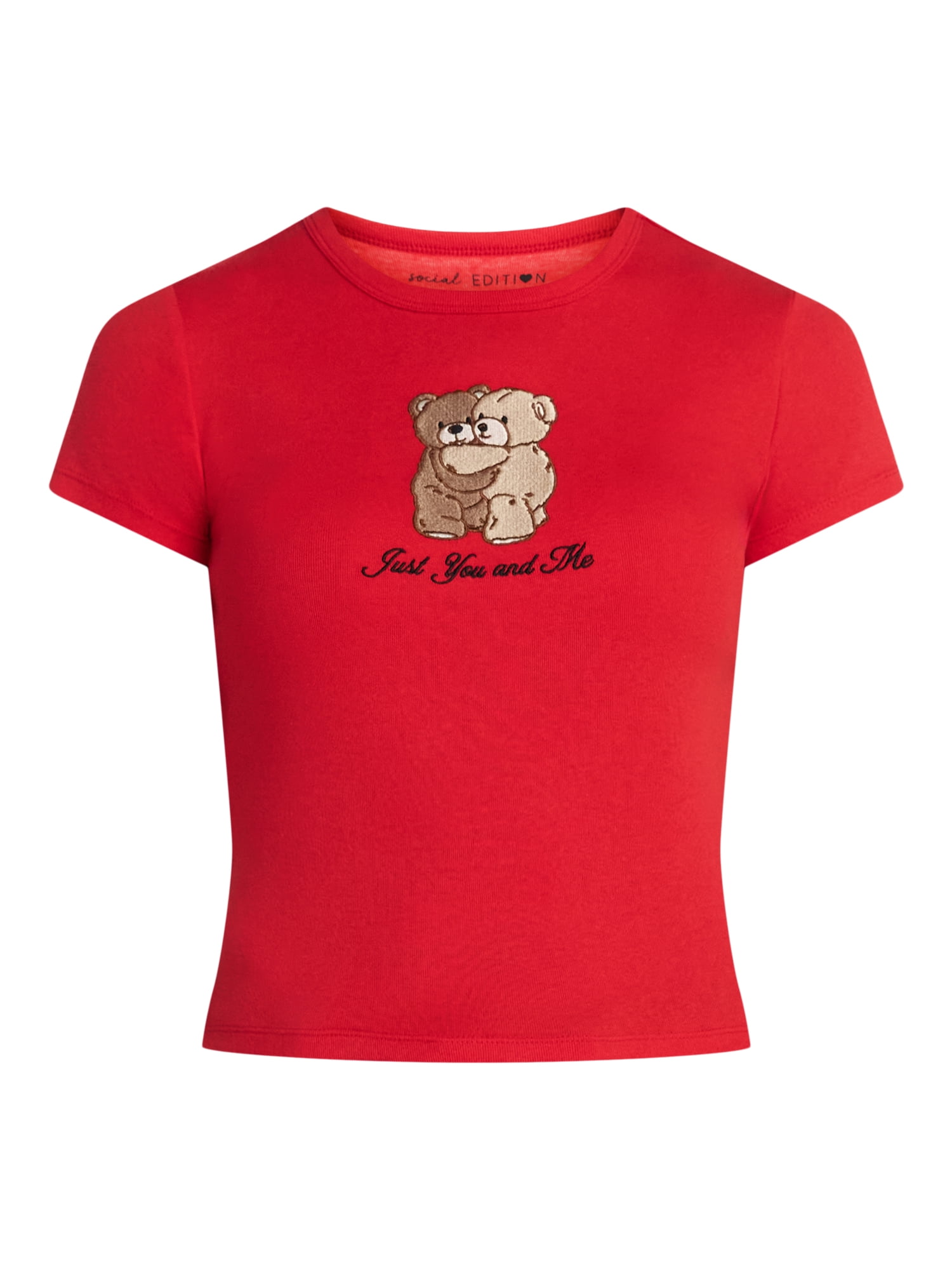 Valentine's Day Women’s Teddy Bears Embroidered Graphic Tee with Short Sleeves, Sizes XXS-XXL
