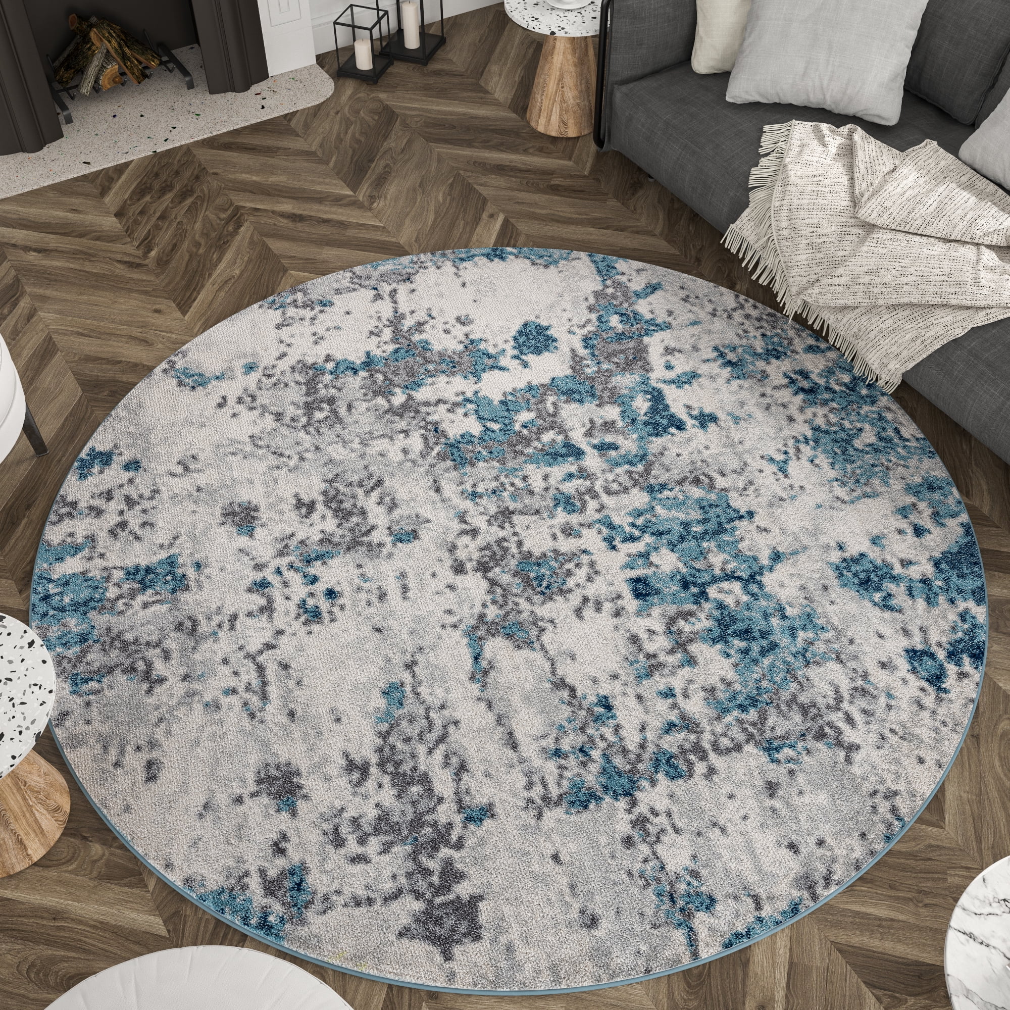 Bliss Rugs Modern Contemporary Abstract Round Rug for Living Room, Dining Room | Blue, 7'10''Round