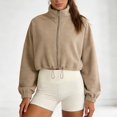 thumbnail image 4 of KHONTS Women's Full Zip Short Jacket Warm Winter Long Sleeve Stand Collar Sherpa Crop Coat Khaki M, 4 of 7
