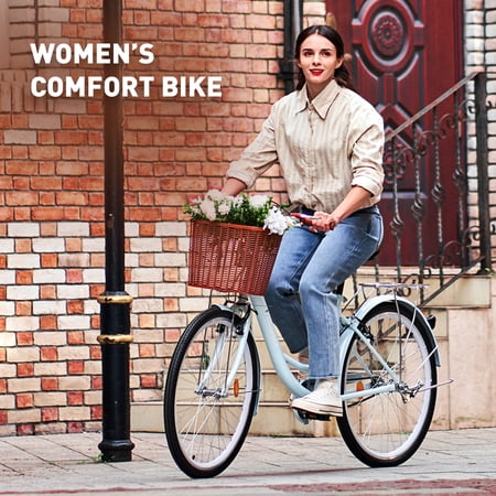 Viribus 26 Inch City Cruiser Bicycle with Carbon Steel Frame Dual V Brakes Basket Mint