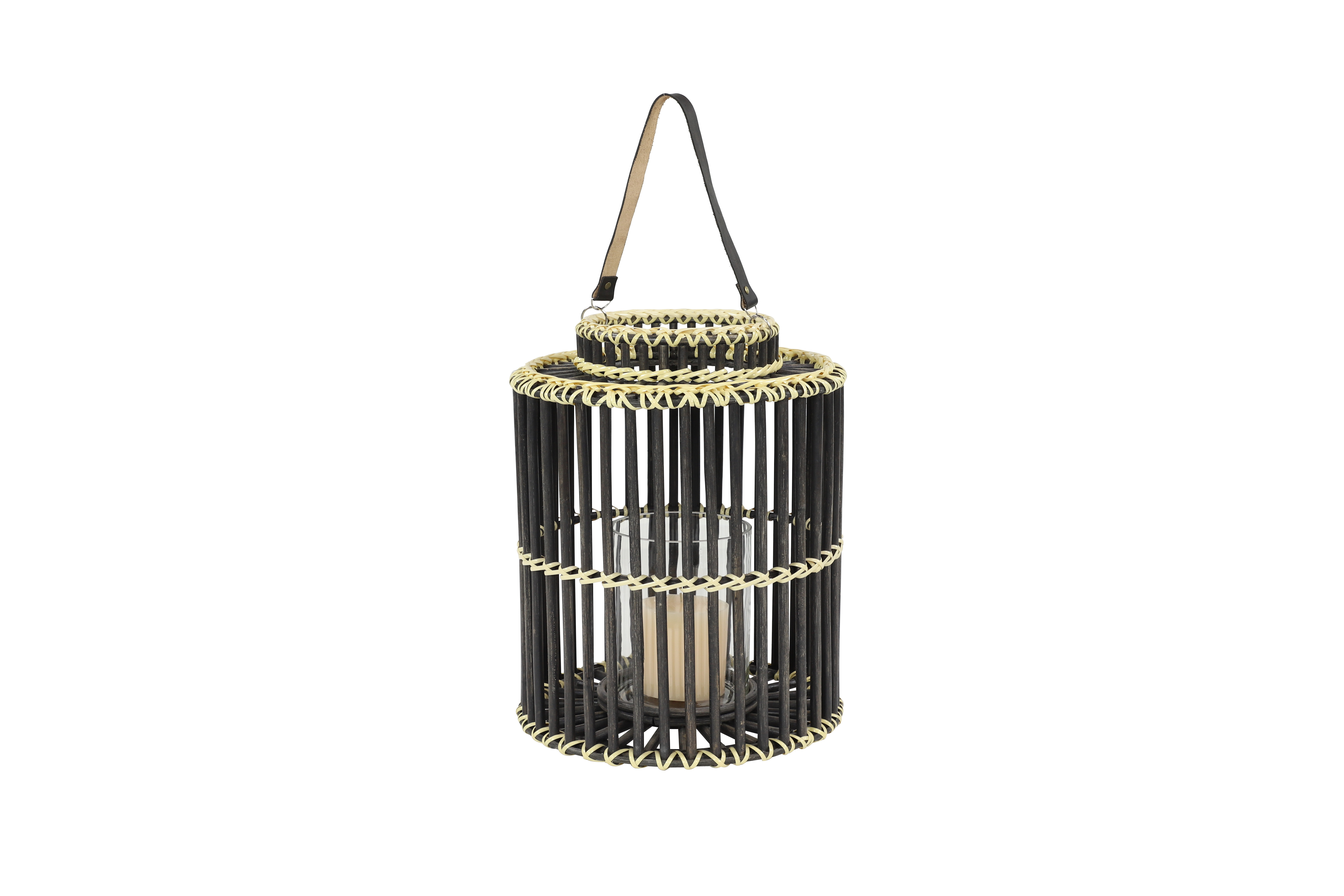 Decmode - 14” x 18” Large Cylindrical Black Rattan Rustic Lantern, Birdcage Shape