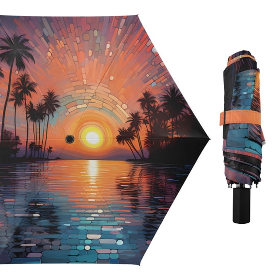 Sunset and Sea Compact Sun Umbrella Windproof Travel Umbrellas for Rain Strong Portable UV Protection