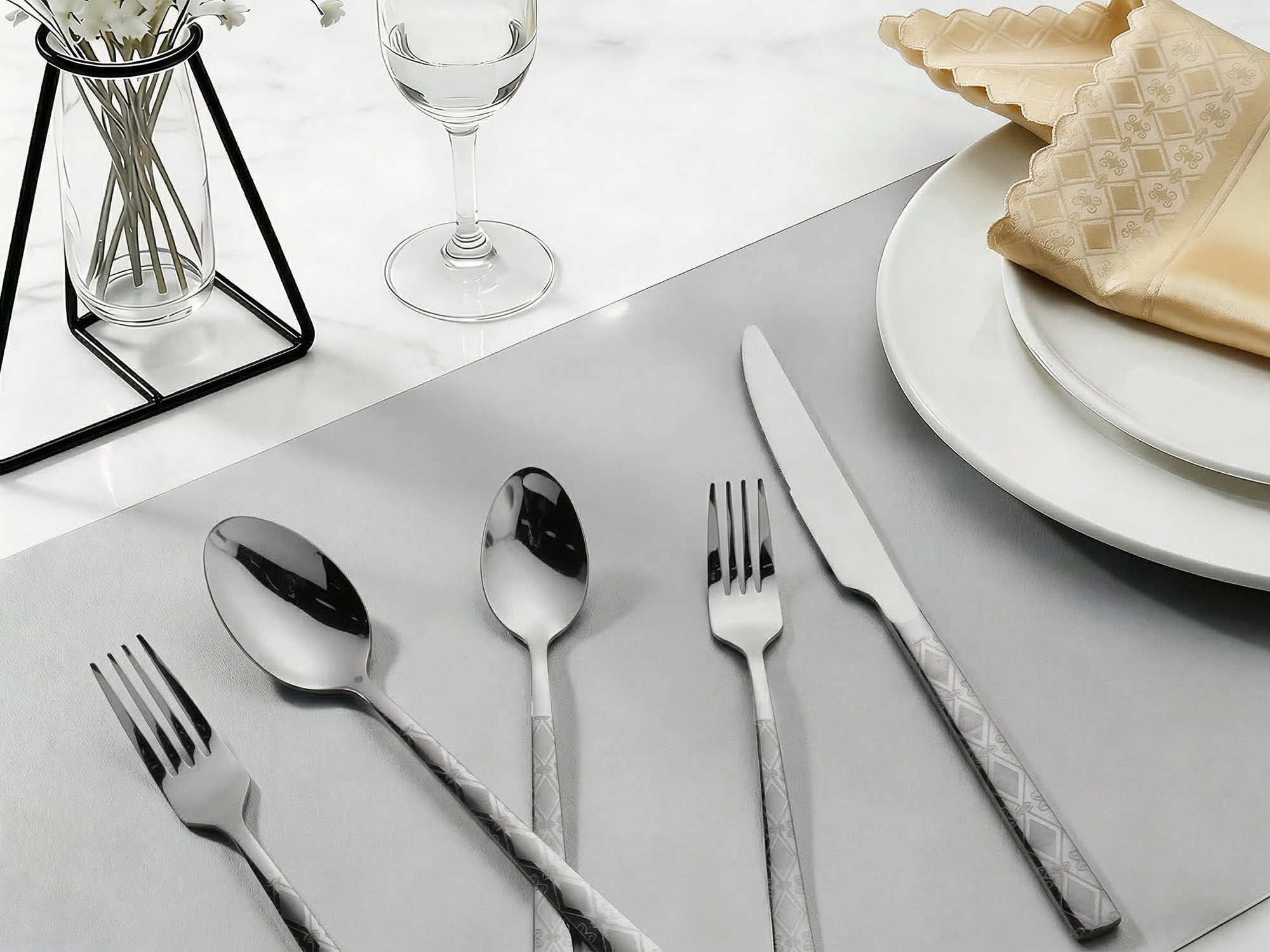 Unique Bargains 30 Piece Stainless Steel Floral Print Flatware Set for 6 Cutlery Silver