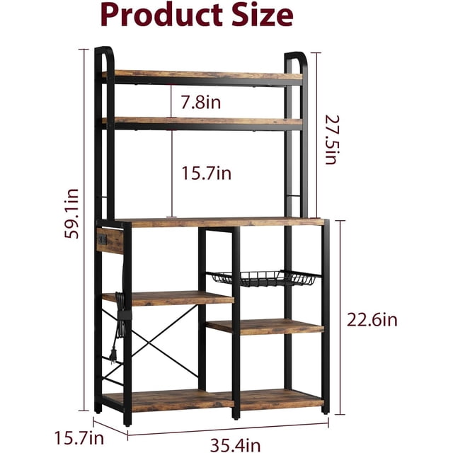 GloryStar Baker Rack with Power Outlet - Microwave Stand with Storage, Industrial Microwave Stand, Kitchen Buffet Table with Large Storage, 6-Tier Kitchen Storage Rack