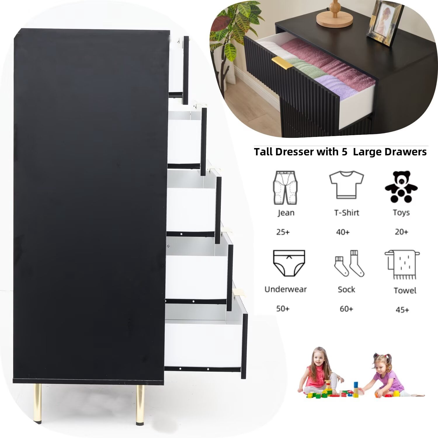 Black Bedroom Dresser with 5 Drawers 48" Tall Chest of Drawers Dresser for Bedrooms Closet