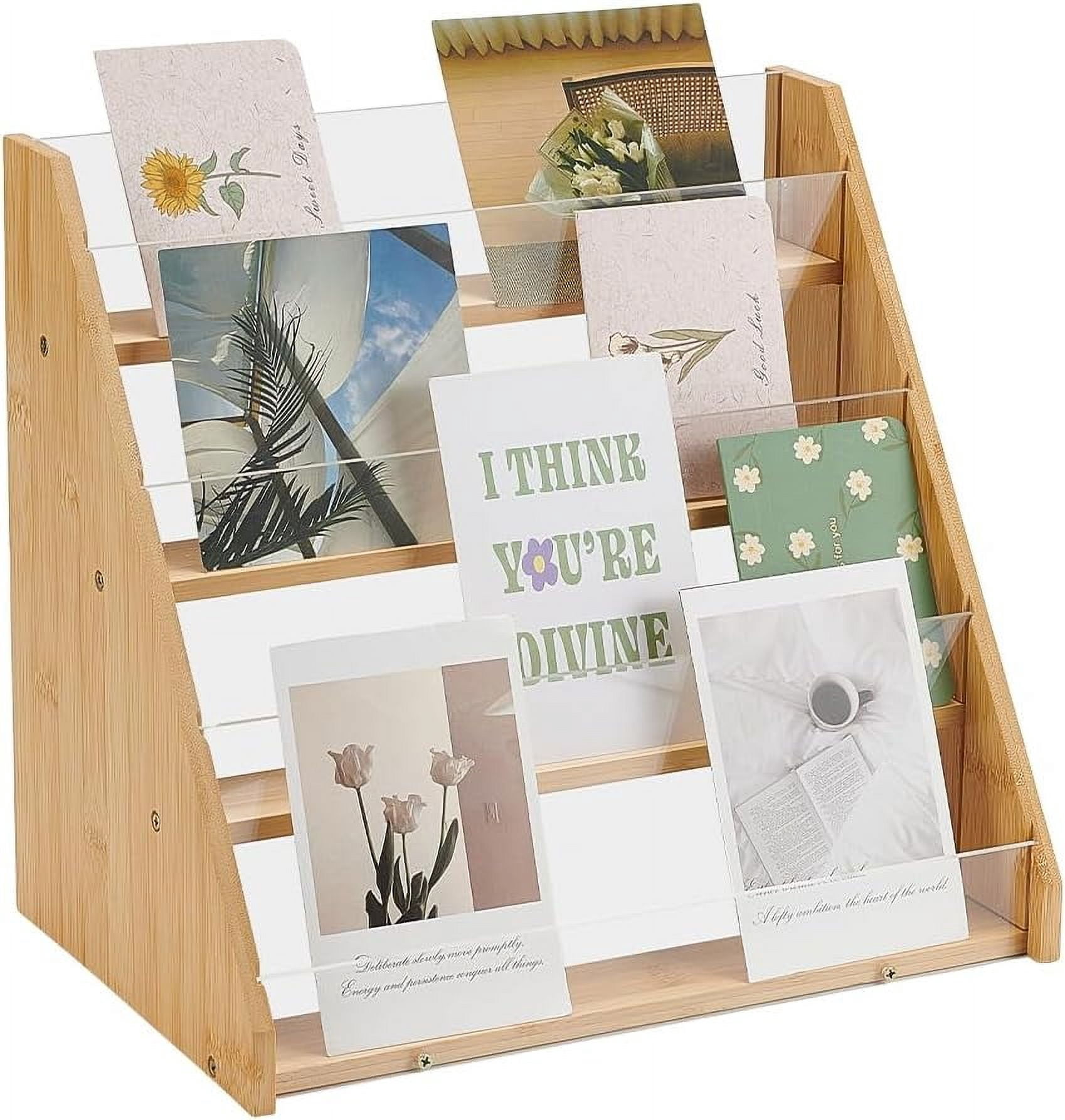 4-Tier Greeting Card Display Stands Bamboo Acrylic Display Case Postcard Rack Portable Sticker Display Stand Counter Retail Display Rack for Bookmark Counter Tabletop