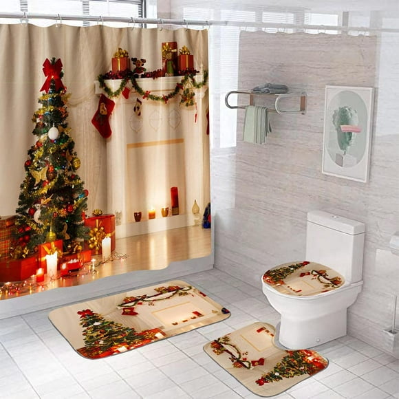 4 Pcs Merry Christmas Shower Curtain Sets with Non-Slip Rug,Xmas Tree Ball Snowflake Red Shower Curtain,Toilet Lid Cover,Bath Mat,12 Hooks,Waterproof Shower Curtains with Rug Set for Bathroom Decor