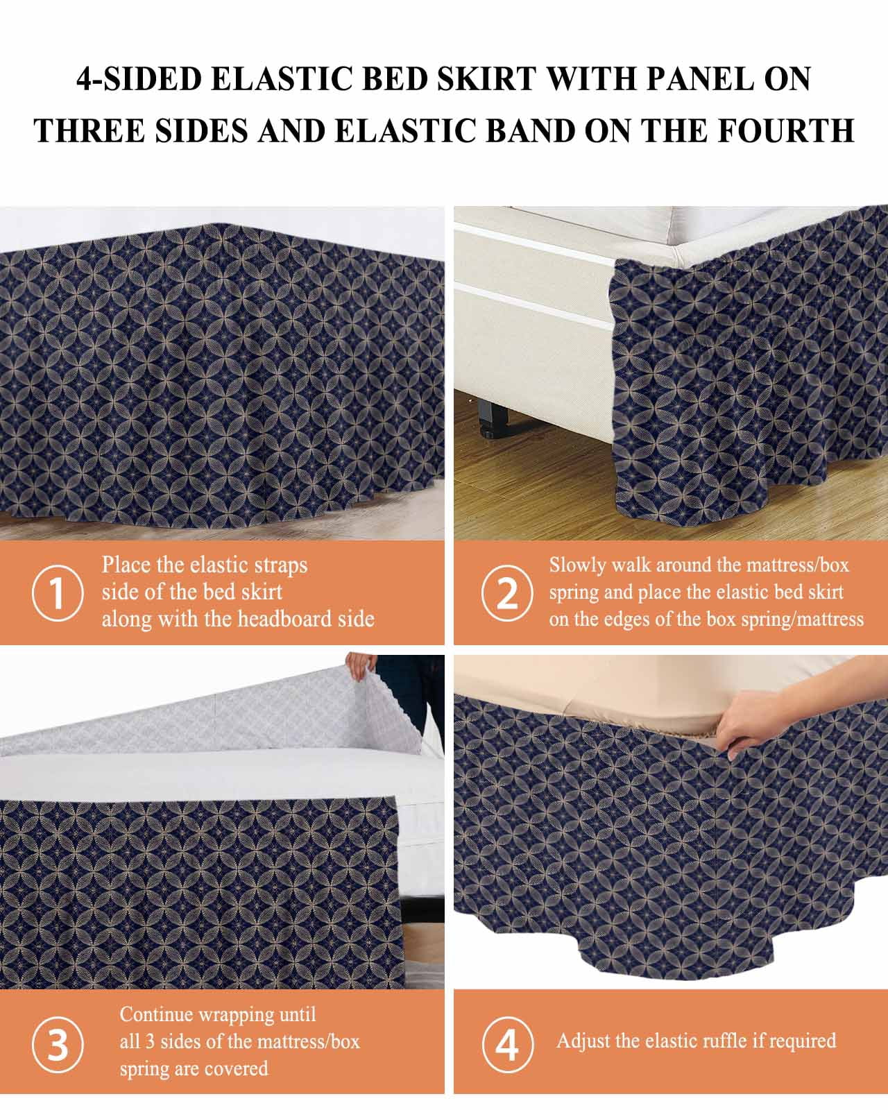 Navy Blue Geometric Bed Skirt Queen Size,Brown Modern Abstract Art Aesthetics Wrap Around Bed Skirting with Adjustable Elastic Strap,Dust Ruffle Pleated Bedskirts 16 Inch Drop for Bedroom Queen Beds
