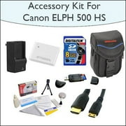 Advanced Accessory Kit With 8GB SDHC Memory Card, High Capacity NB-6L Replacement Battery, Leather Carrying Case, Mini HDMI Cable and More for Canon PowerShot ELPH 500 HS 12 MP CMOS Digital Camera
