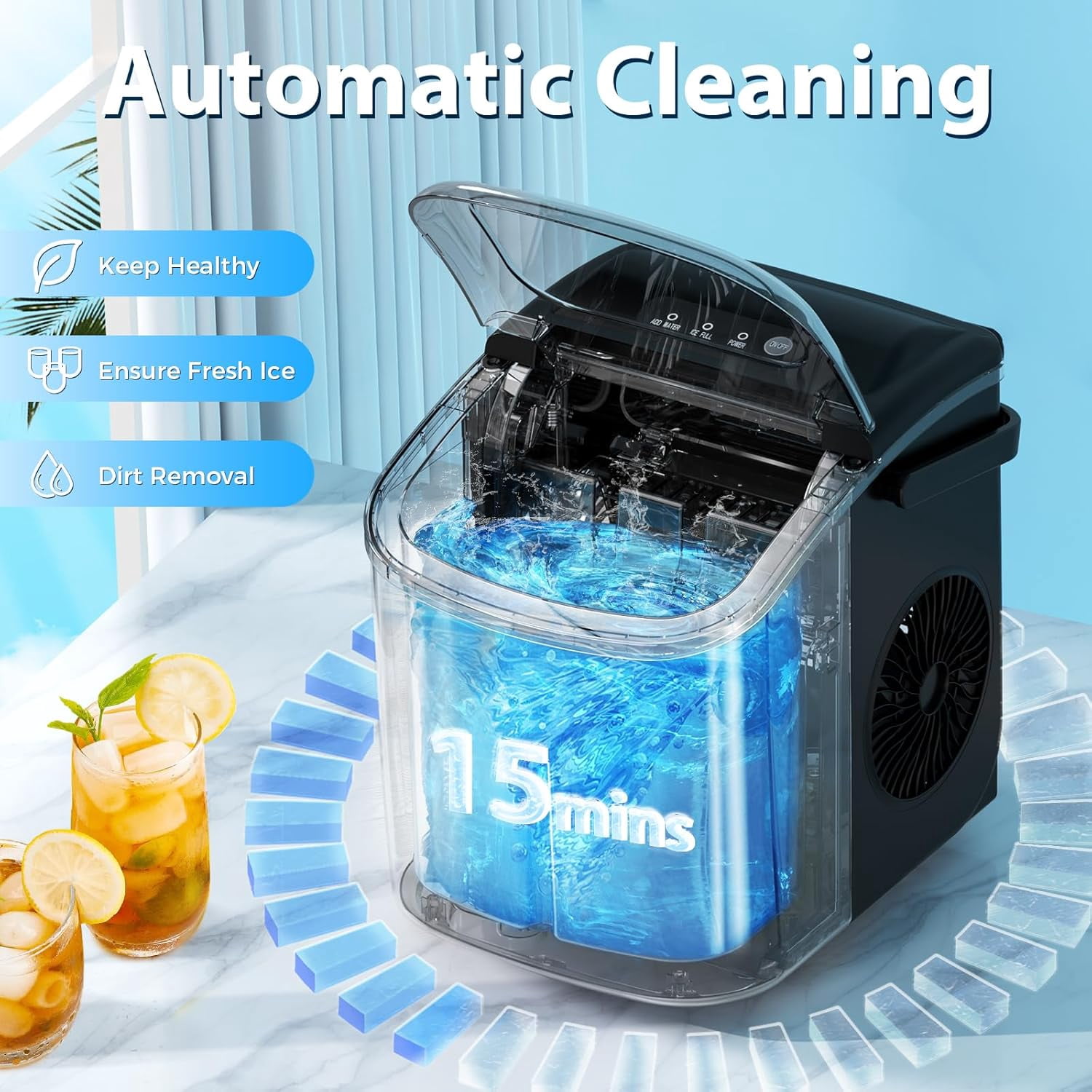 WAA 26lbs Daily Output Portable Ice Maker,9 Pcs Ready in 6 Mins Countertop Ice Machine,Self-Cleaning Compact Electric Ice Maker for Kitchen,Office,Party & RV