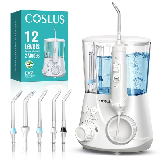 COSLUS EX2 Water Flosser for Teeth,Water Dental Flosser Pick for Teeth,2 Modes & 12 Pressure Settings,600ML,5 Jet Tips for Multiple Users ,White