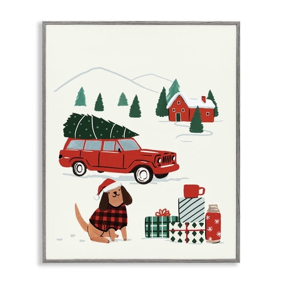 Stupell Industries Farmhouse Vintage Red Car Christmas Festive Santa Dog Gray Framed Giclee Art, 16 x 20, by Victoria Barnes