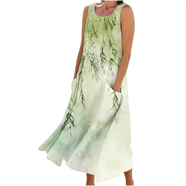 RKSTN Robes d'Été pour Femmes Décontractées Fluides Amples Grande Taille Robes avec Poches Mode Bohème à Imprimé Floral Sans Manches à Col Rond Robes Maxi