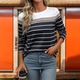 thumbnail image 6 of Annhoo T Shirts for Women Round Neck Long Sleeve Fall Stripe Printed Blouses Fashion Color Block Lounge Tops, 6 of 7