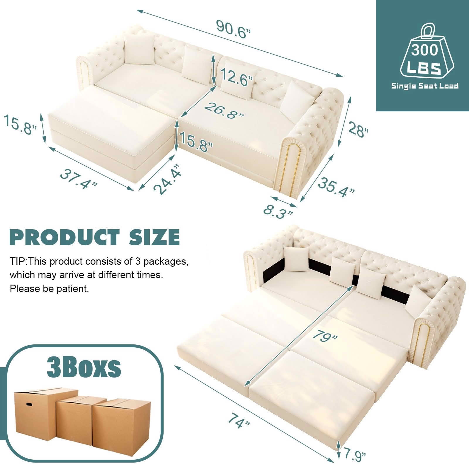 MAYEERTY 90.6" 3‑in‑1 Convertible Sleeper Sofa, Modern Velvet 3‑Seater Couch with Tufted & Gold Trim, Movable Ottoman, 4 Pillows Included