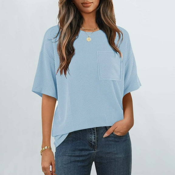 Tittly T Shirts for Women Basic Tees Casual Contrasting Striped Short Sleeved Pocket Round Neck T Shirt Tshirts Shirts Tops for Women Trendy Blue L