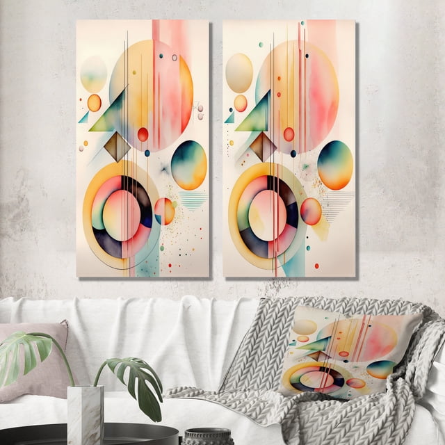 Designart « Art Minimaliste Multi-Formes en Pastel II » Ensemble d'Art Mural Minimalisme Abstrait de 2 - Ensemble de Toiles Géométriques Roses pour Déco de Salon