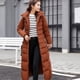 thumbnail image 1 of Chaqueta de algodón para mujer, chaqueta de algodón ajustada hasta la rodilla, cuello de cuero de color, chaqueta de algodón con plumón, 1 of 1