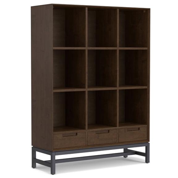 Simpli Home Banting SOLID HARDWOOD 58x42" Modern 9Cube Bookcase with Drawer in Walnut Brown