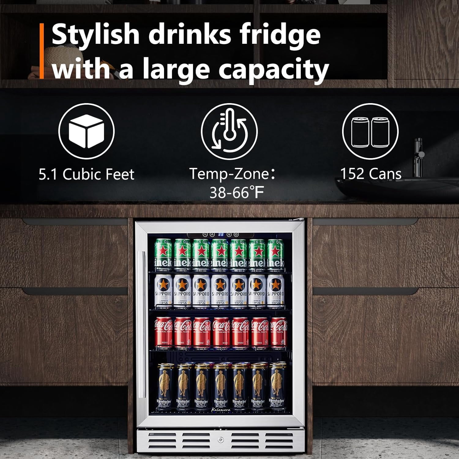 24 Inch Under Counter Beverage Fridge -Max 164Cans Capacity Drink cooler,Perfectly for Built in Space and Adjustable shelves