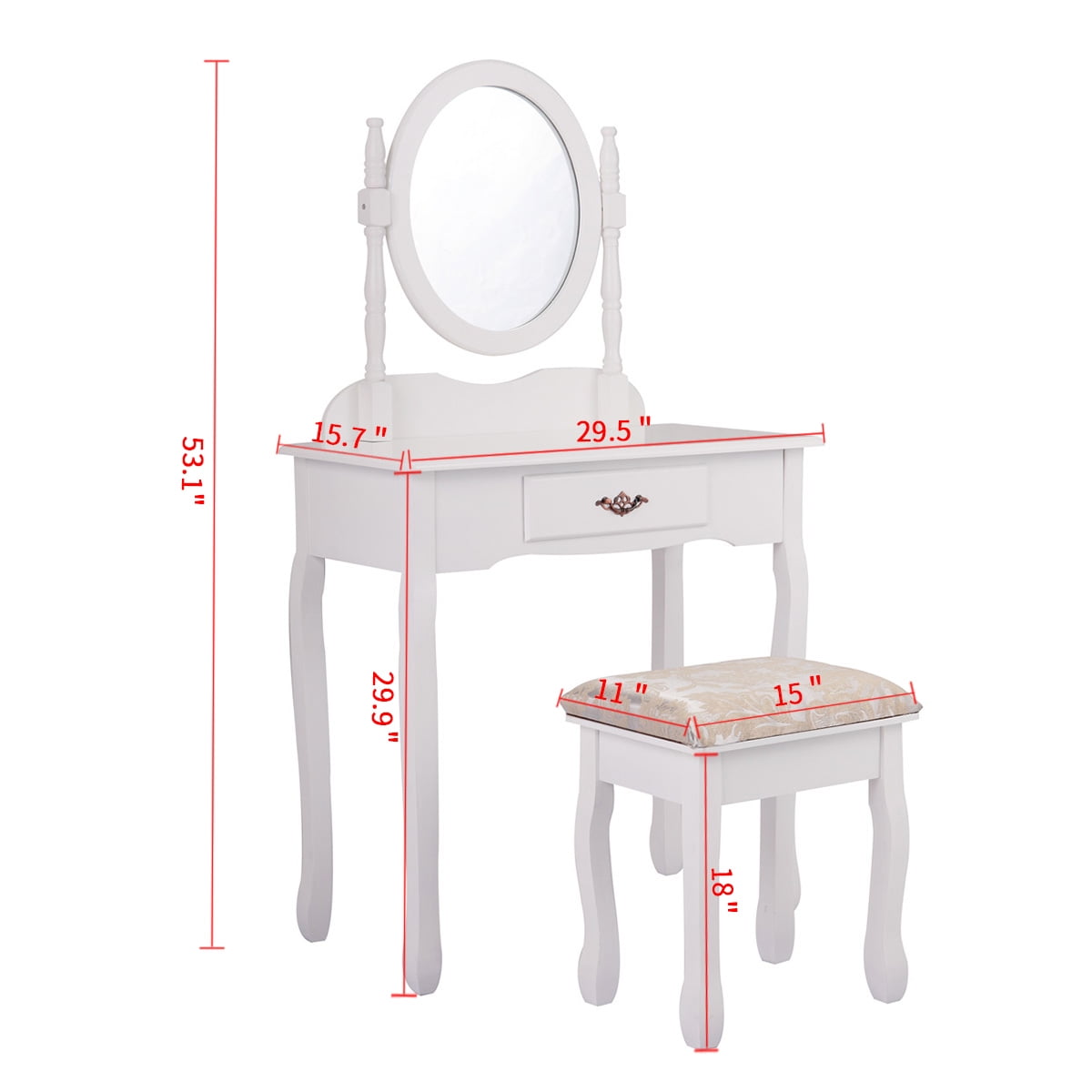 Lowestbest Make Vanity Table Set w/1 Drawer and Oval Mirror, White Lowestbest Make Vanity Table Set w/1 Drawer and Oval Mirror, White