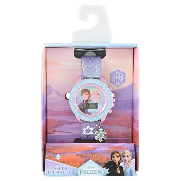 Disney Frozen Elsa and Anna Blue and Purple LCD Watch with Snowflake Charm, FZN4947WM