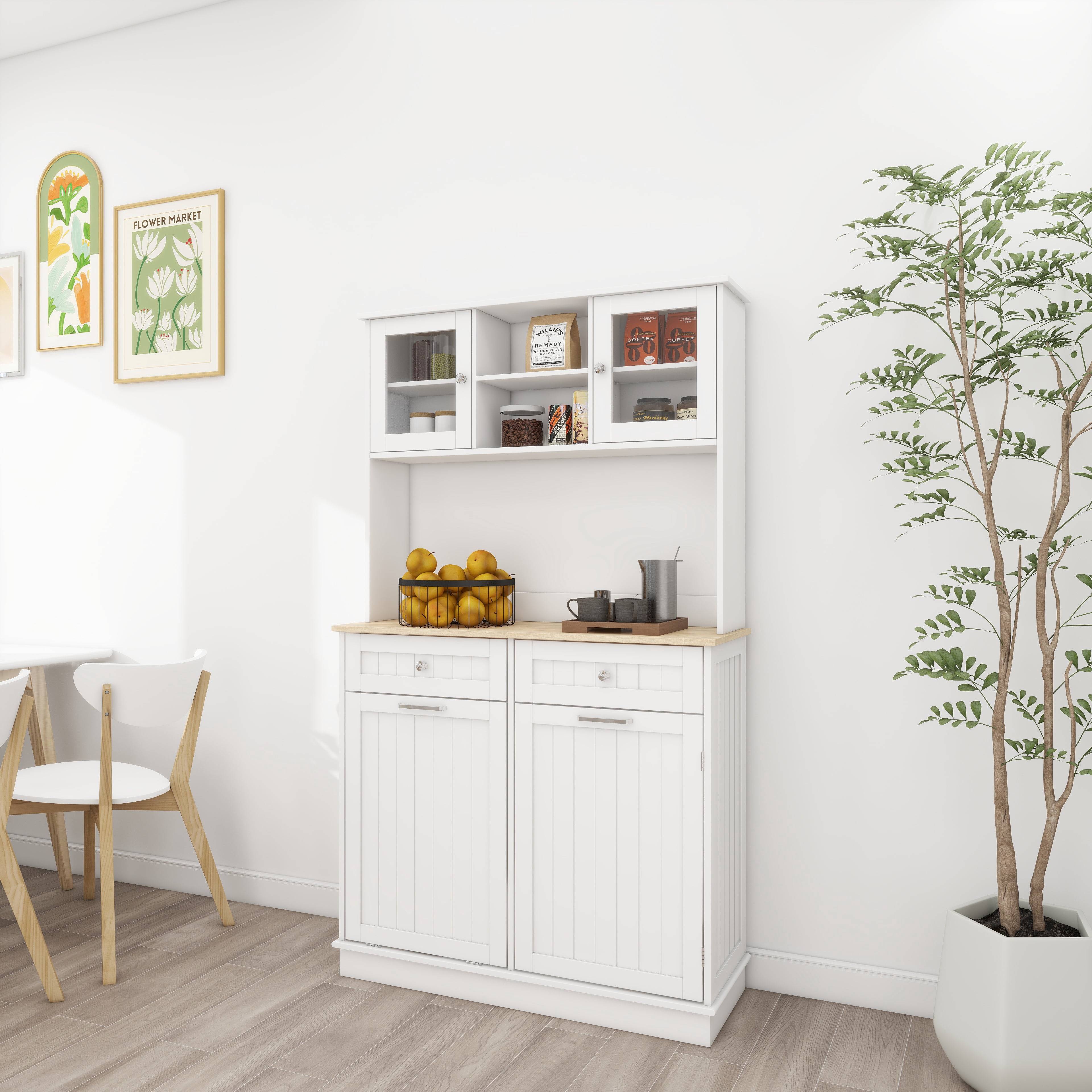 Mintazer Kitchen Pantry Cabinet with Tilt‑Out Trash Bin Compartment, Freestanding Buffet Hutch with Adjustable Shelves & 2 Drawers for Kitchen Dining Room, White