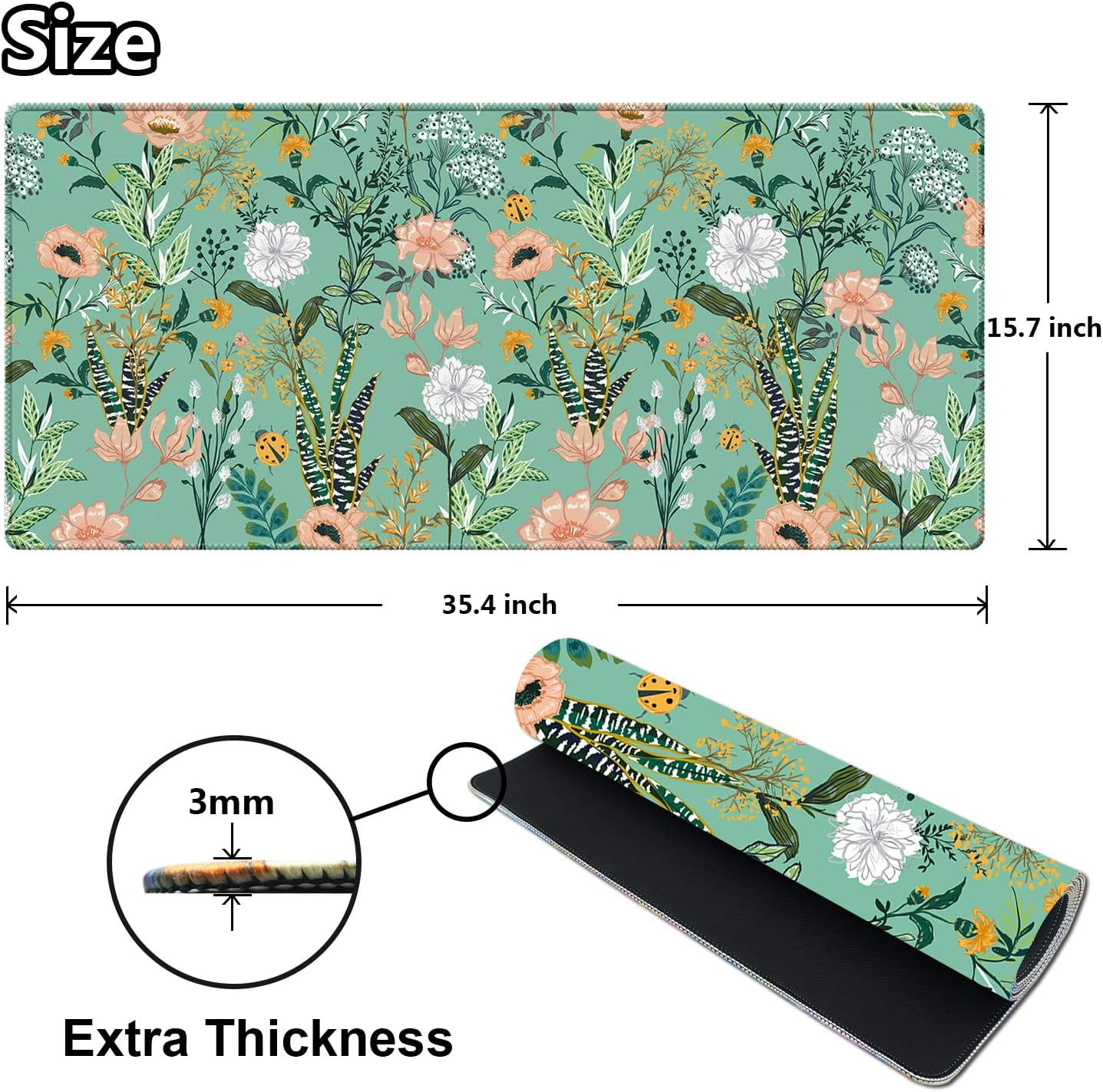 Floral Flower Large Gaming Mouse Pad (35.4×15.7 in, 3mm Thick), Non-Slip Rubber Base and Reinforced Lock Edges, XXL Extended Mousepad for Work, Game, Desk mat, Desktop Decoration