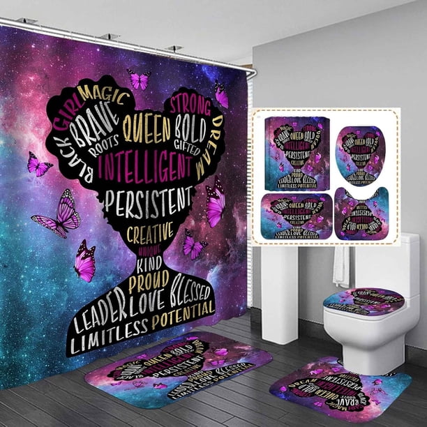Juego de 4 cortinas de ducha para niña negra, diseño de mariposas azules y moradas con motivos afroamericanos, decoración de baño para mujer negra afroamericana, cortina de ducha de tela impermeable,