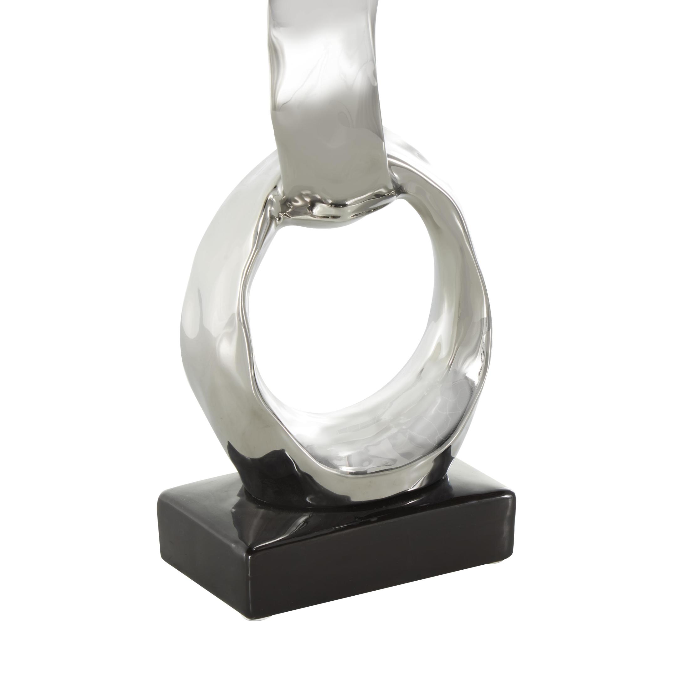 5" x 15" Silver Ceramic Interlocked Ring Abstract Sculpture with Black Base, by DecMode