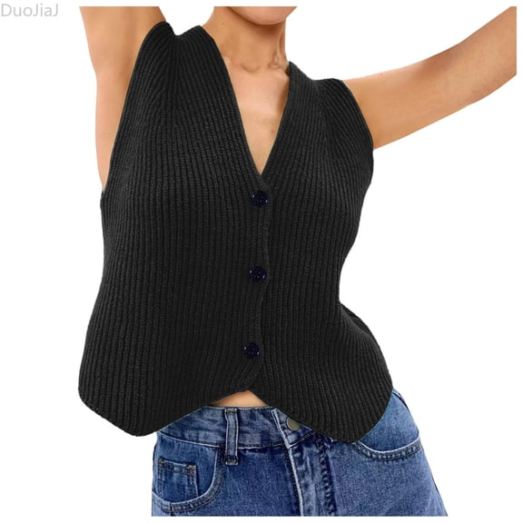 DuoJiaJ Womens V Neck Sweater Vest, Sleeveless Button Down Loose Tops Black L